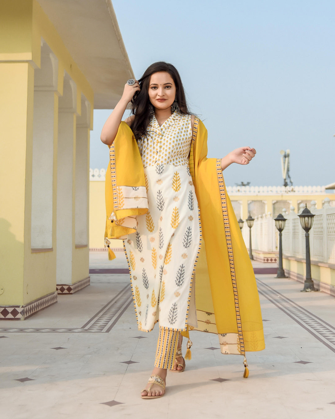 510025 Yellow Multicoloured Printed Anarkali Suit set – Pure Elegance